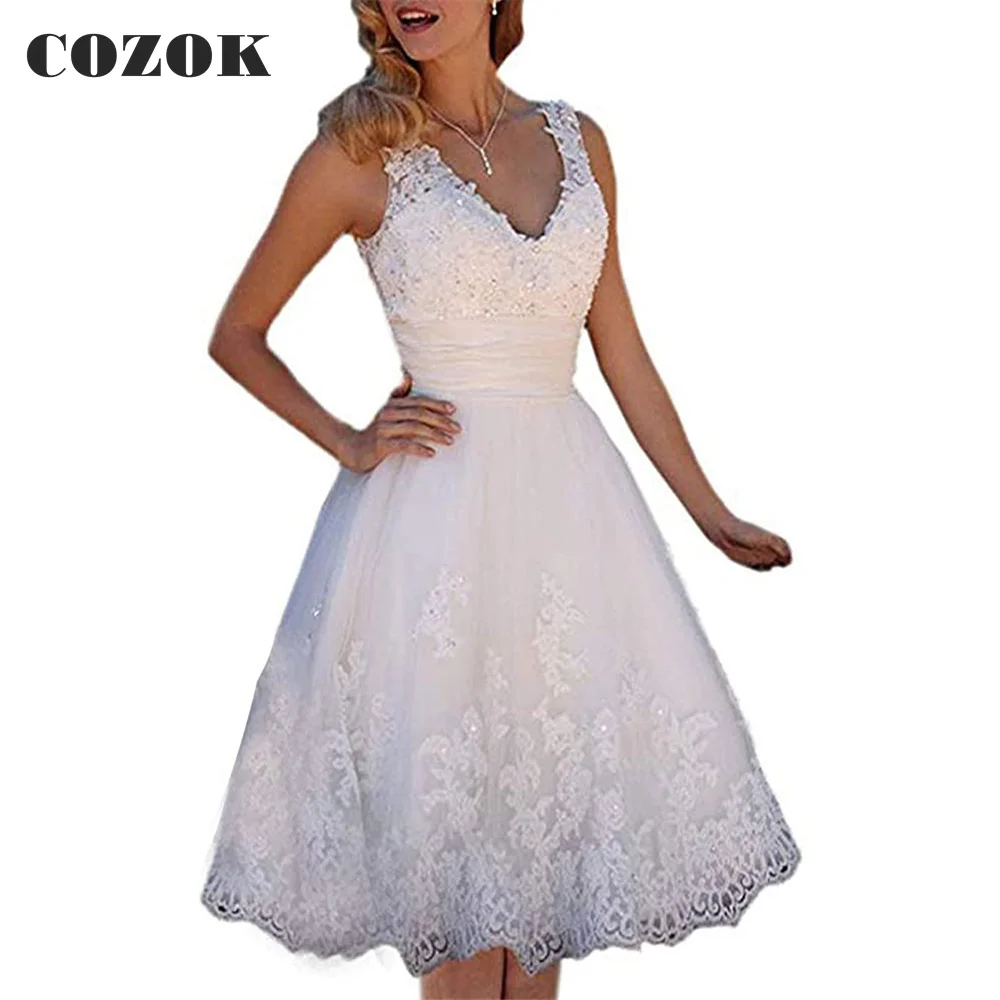 Sexy Short Wedding Dresses Knee Length V-neck Tulle Lace Beading Formal Elegant Women Bridal Wedding Gowns CZ12