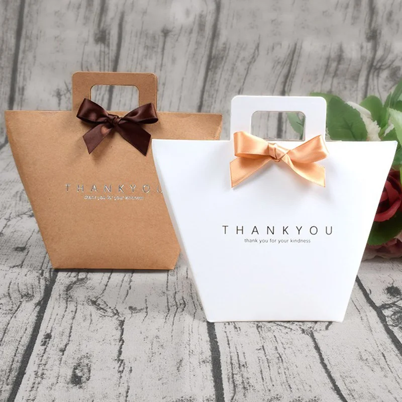 

10/20pcs White Bronzing "Thank You" Kraft Paper Candy Box With Ribbon Gift Packaging Bag Party Favor Bag Wedding Birthday Decor