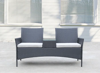 59x22x32.5Inch Lover Chair Steel Frame&PE Rattan Patio Wicker Loveseat with Build-In Coffee Table Gray[US-W]