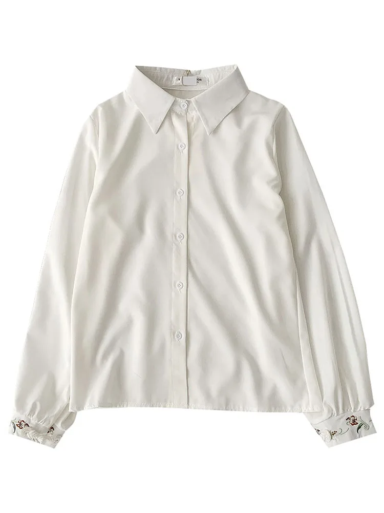 

Yeeloca Fashion Embroidery White Chiffon Shirt Summer Women's Wear Single Breasted Casual Blousers Korean Lapel Long Sleeve Top