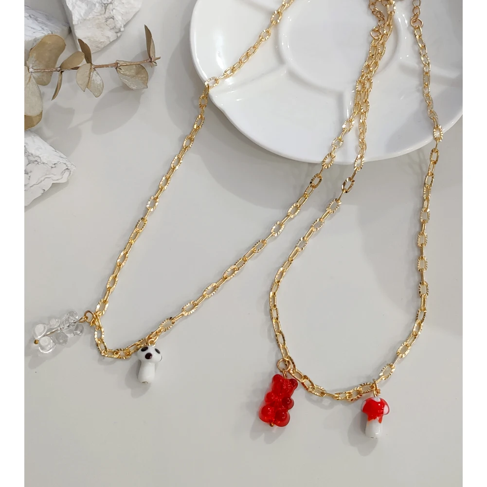 

Cute Colorful Crystal Gummy Bear Pendant Metal Necklaces New Acrylic Mushroom Gold Color Chain Necklaces For Women Party Jewelry