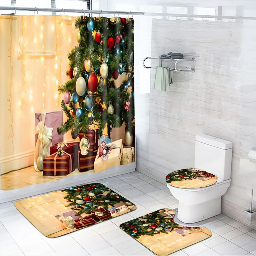 

Christmas Tree with Gifts Shower Curtain Set Carpet Cover Toilet Cover Bathroom Mat Cushion Cover Bathroom Curtain Household