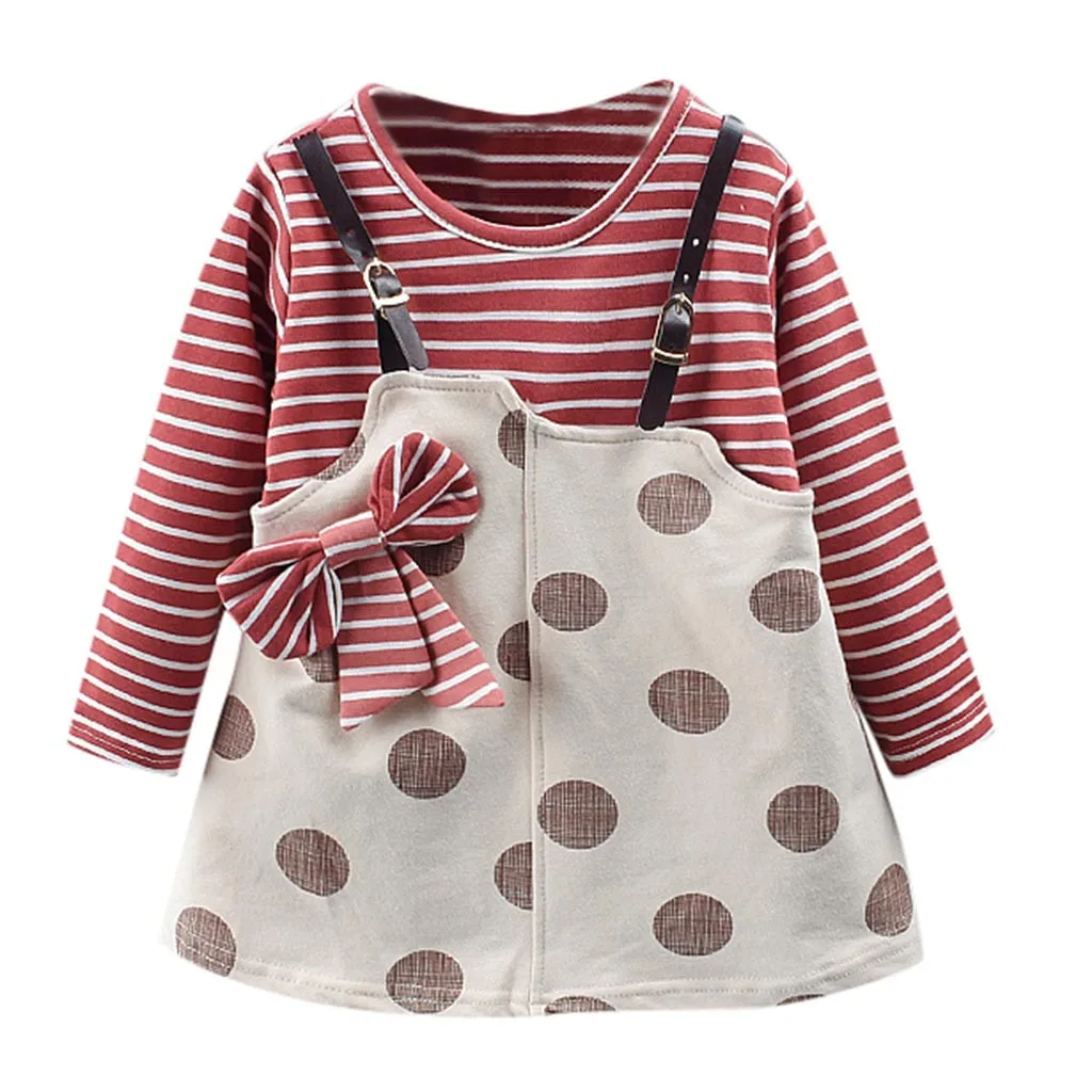 Детское платье с длинным рукавом в полоску горошек | Детская одежда и обувь