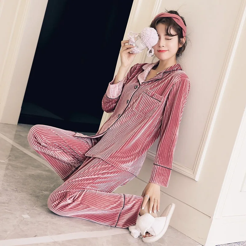 

2pcs/Lot Women Pajamas Sets 2020 new fashion Warm Soft Gold Velvet Sleepwear Pyjamas Suit Korean Home Nightwear for woman