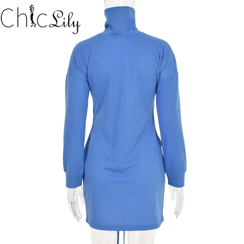 

Knitted Lace Up Mini Dress Fall Winter Fashion Casual turtleneck High Waist Long Sleeve Sweatshirt Dresses