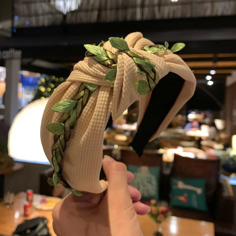 Корейские ленты для волос с зеленым листом украшенные узлом повязки женщин
