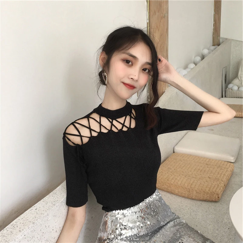 

Women's 2021 summer new style black hollowed careful machine sexy lace strapless bottoming short-sleeved top