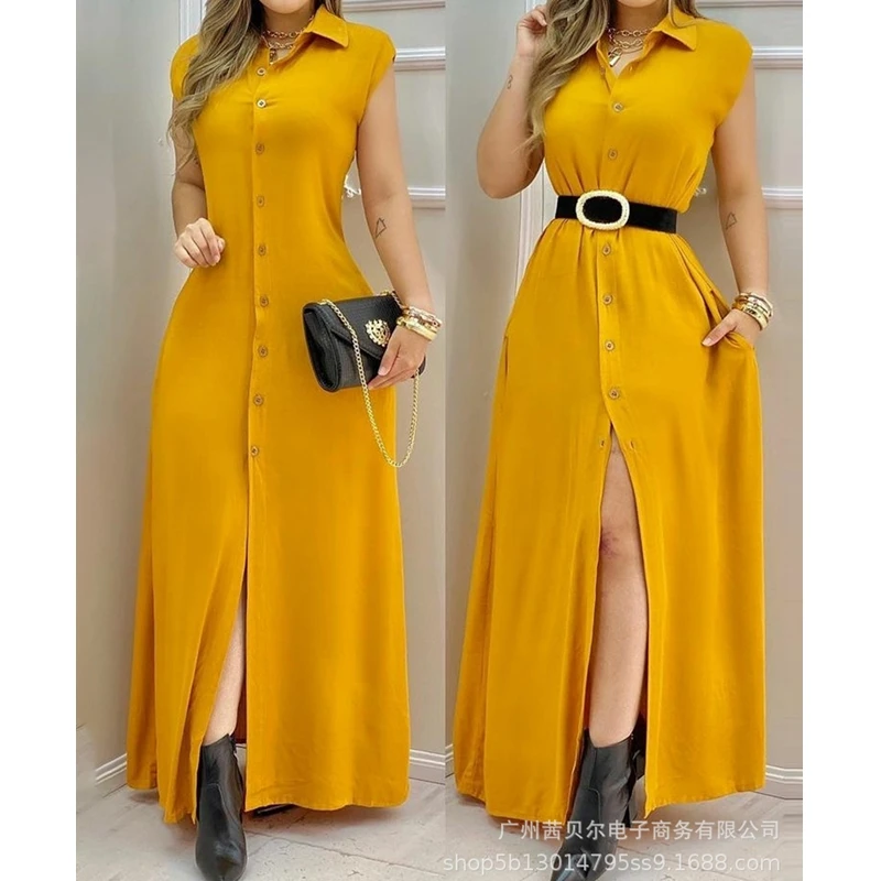 

Mandylandy Dress Summer Sleeveless Loose Turn-down Collar Dress No Belt Women's Casual Solid Color Single-Breasted Split Dress