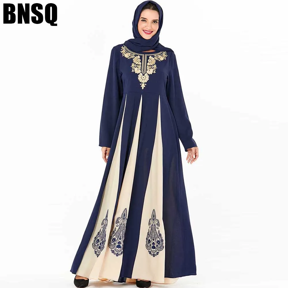 

BNSQ мусульманские платья Модные цветовые блоки качели Цветочные Вышивка макси платья плюс размер с длинным рукавом Турция дубайские платья ...