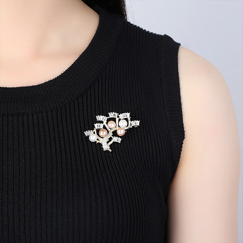 Женская серебряная брошь AGLOVER в форме дерева с жемчугом из серебра 925 пробы