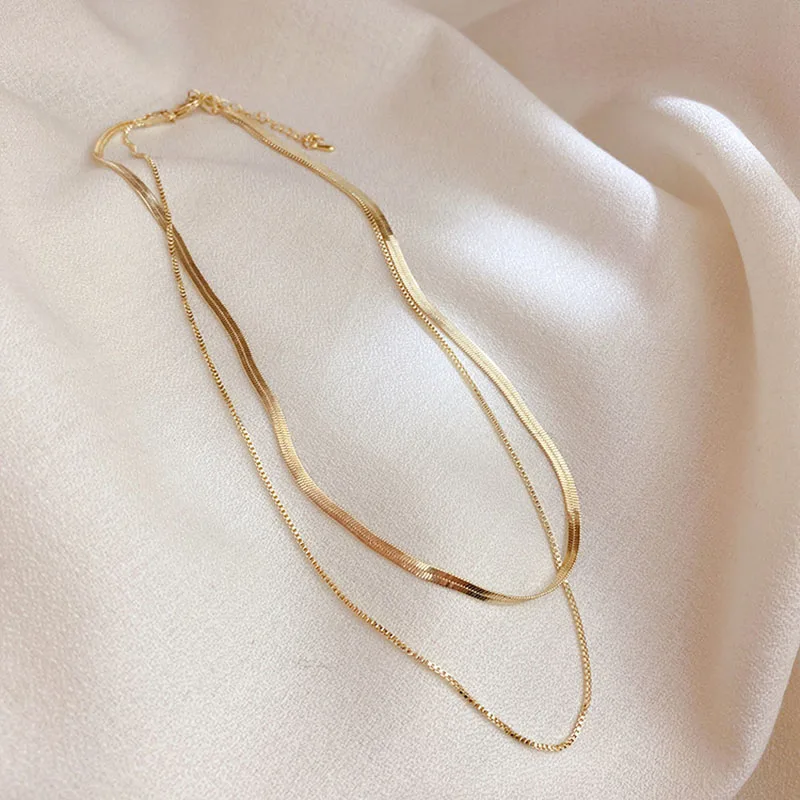 

SRCOI New Trendy Double-Layered Necklace Simple Snake Bone Chain Temperament Elegant Texture Box Chain Women Fshion Jewelry