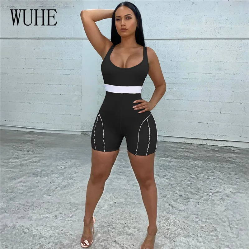 

WUHE Patchwork Color Contrast Playsuits Package Hip Off Shoulder Sleeveless Square Collar Breast Wrap Sports Fitness Overalls