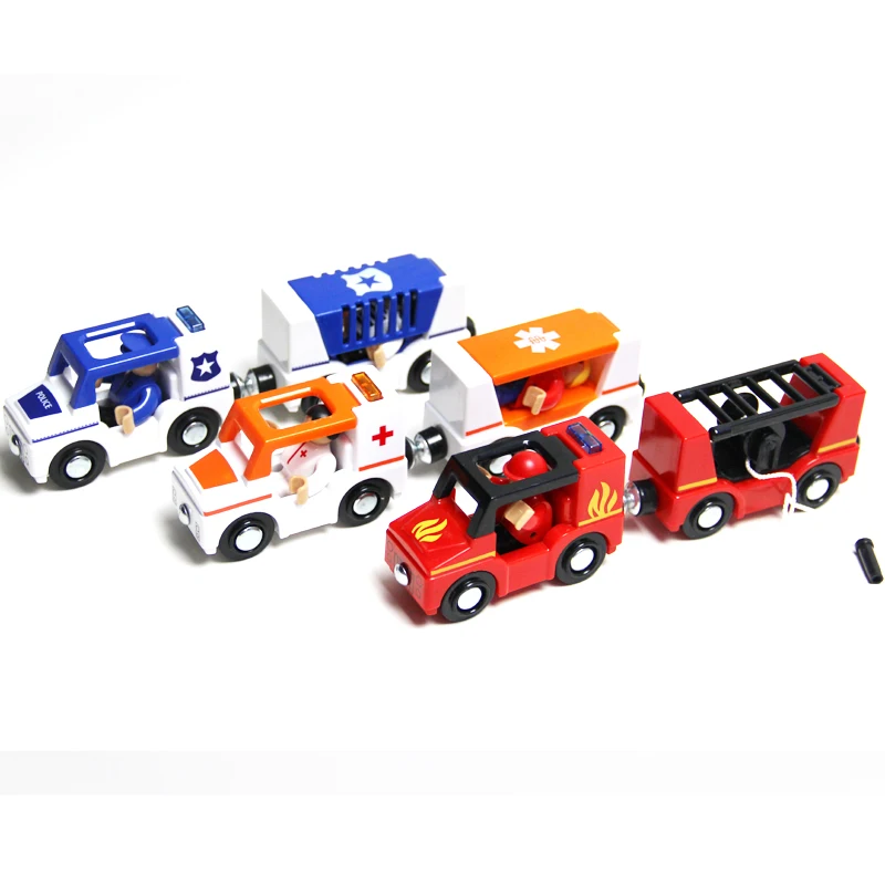 

Acousto-optic Sound and light effects Magnetic Police ambulance fire truck set Train Compatible Wooden track Railway Car