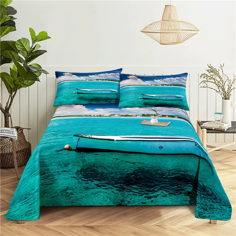 

Beautiful Seaside 0.9/1.2/1.5/1.8/2.0m Digital Printing Polyester Bed Flat Sheet With Pillowcase Print Bedding Set