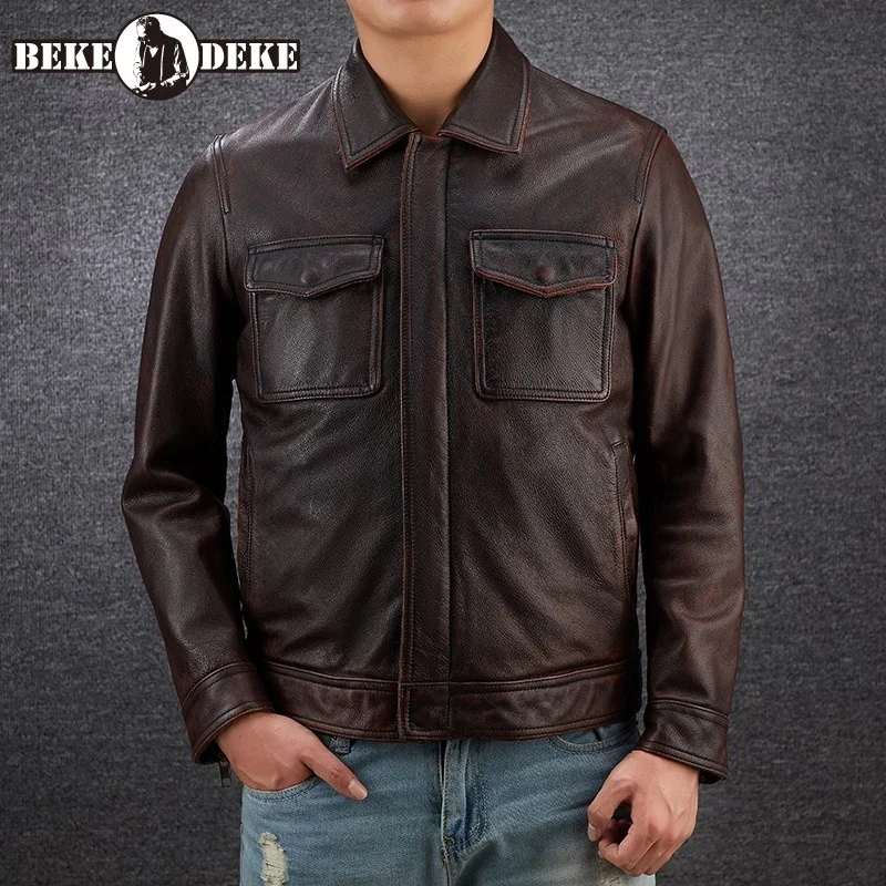 

Куртка мужская из 100% натуральной воловьей кожи, с отворотом, в винтажном стиле