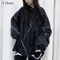 y demo harajuku streetwear women long sleeve t shirt casual o neck irregular patchwork sweatshirt oversized fleece