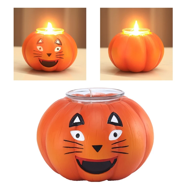 

Подсвечник в виде тыквы с изображением кошки на Хэллоуин, подсвечник из смолы, искусство, настольное украшение для создания атмосферы