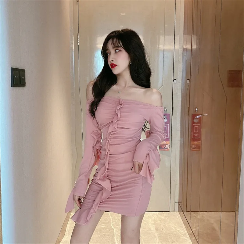 Новинка 2019 модное облегающее однотонное платье в стиле ретро с длинными рукавами