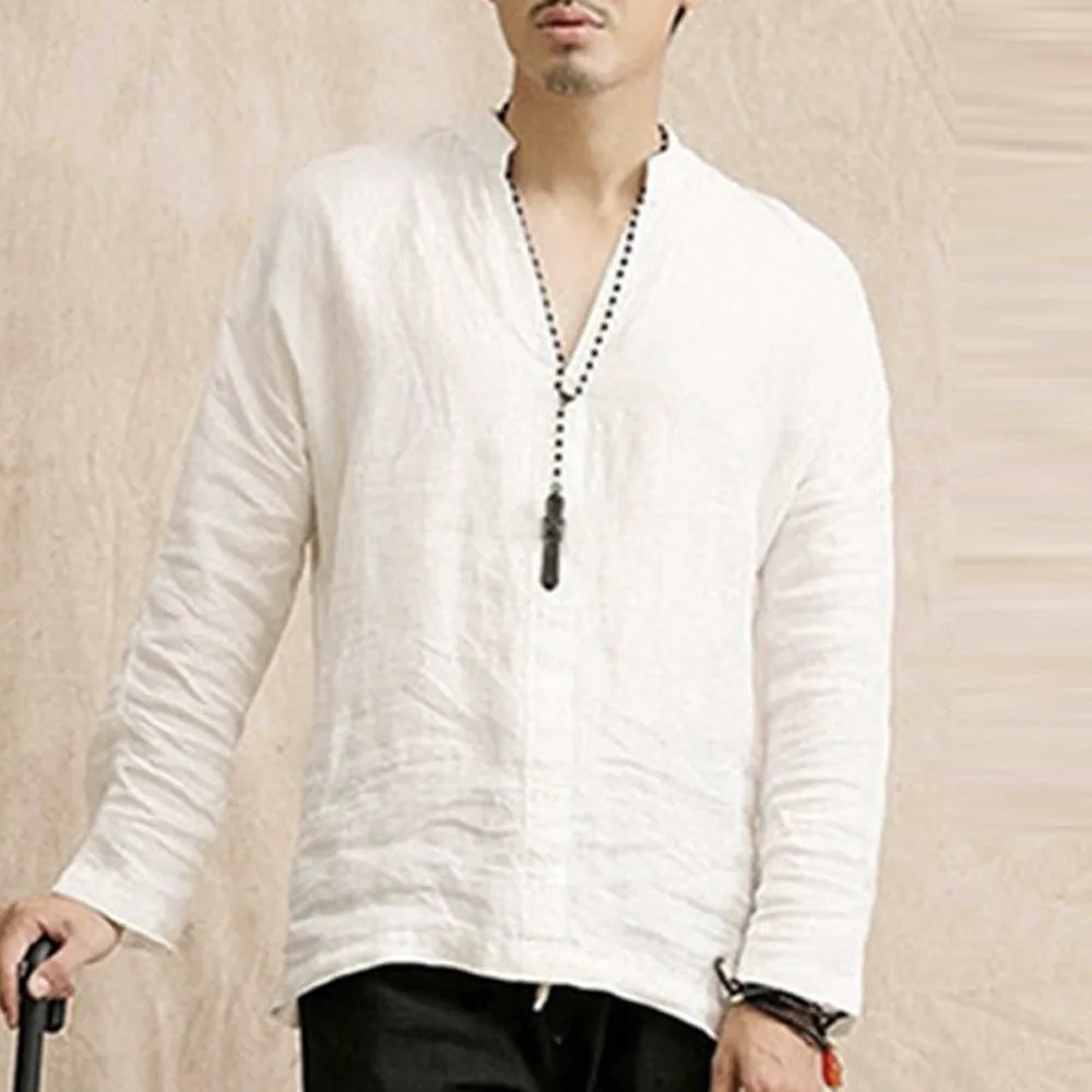 Мужская рубашка мешковатая хлопковая Льняная блуза мужская белая с длинным