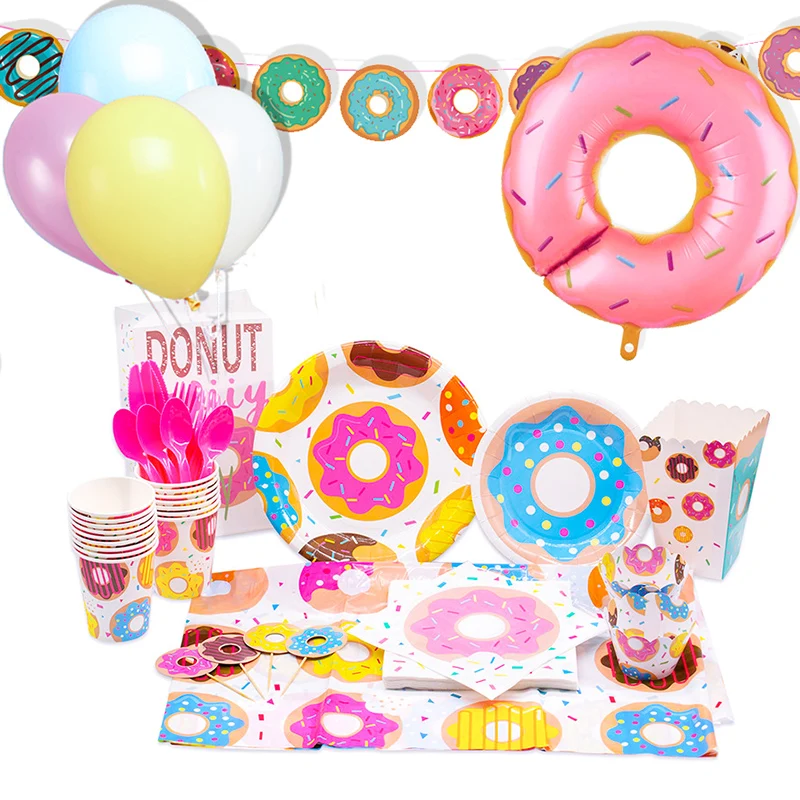 Donut Party Supplies Disposable Tableware Plate Cup Baby Shower Children Favour Birthday Decoration Donut Ice Cream Balloon