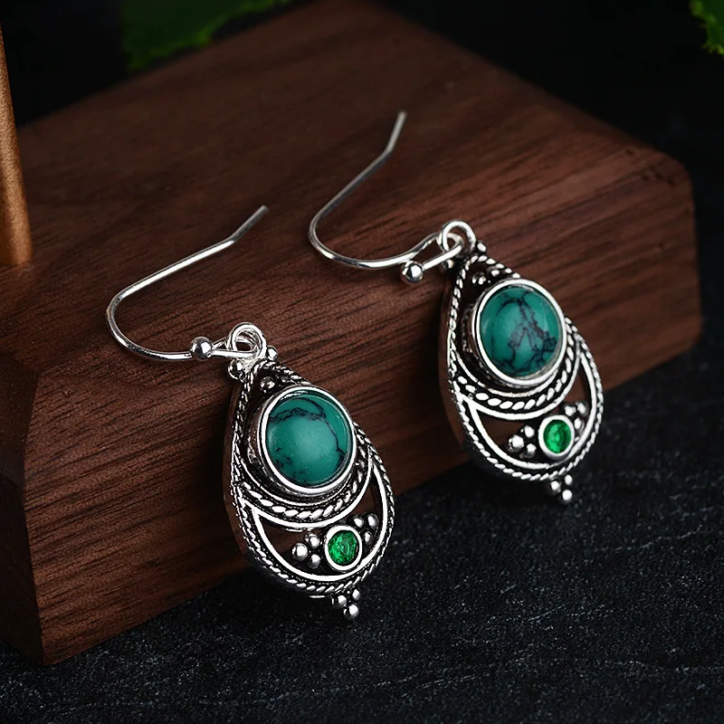 

Retro 925 Silver Real Natural Turquoise Earring for Women Bohemian Green Gemstone Orecchini Turquoise Jewelry Garnet Earrings