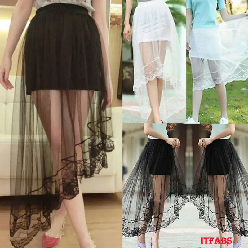 

Women Long Lace Slip Skirt Extender High Waist Mesh Skirts Perspective Overskirt