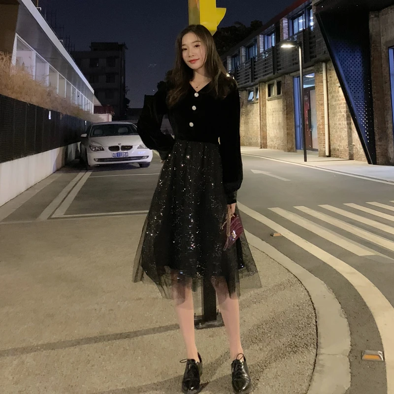 

Autumn Spring Retro V-neck Sequined Mesh Stitching Velvet High Waist Midi Dress Women Clothing Casual Robes TA6008