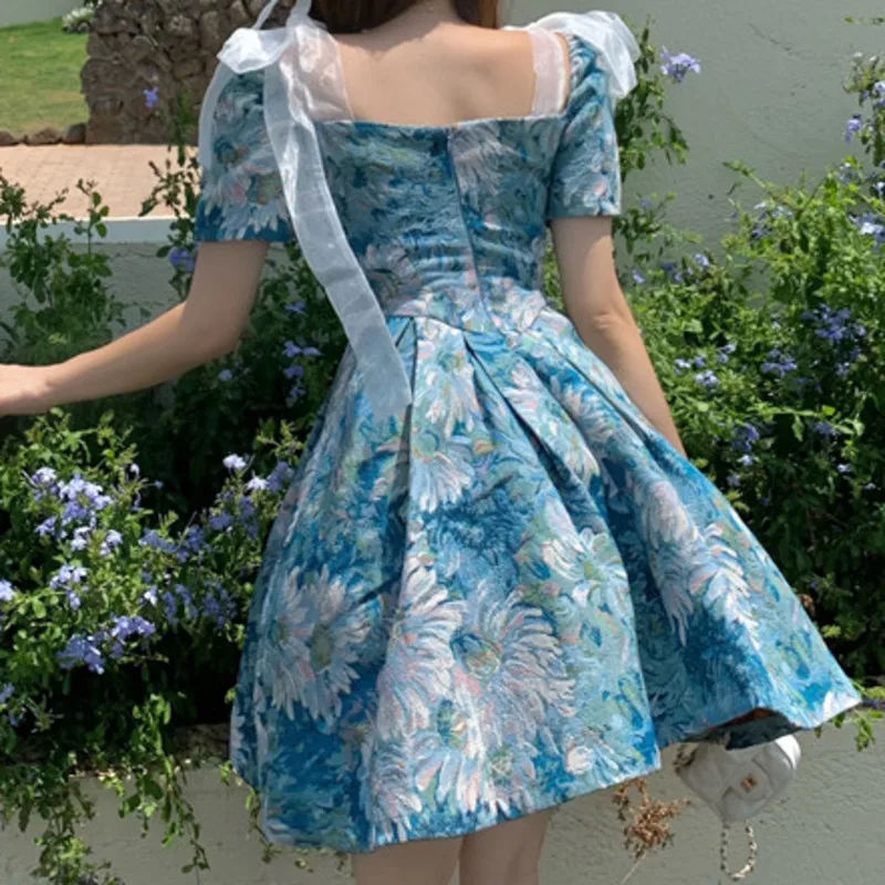 

Floral Printed Vintage Bow Summer Mini Dress Women Sweet French Court Style Bubble Sleeve Slim Pleated Party Dress 2021 Vestidos