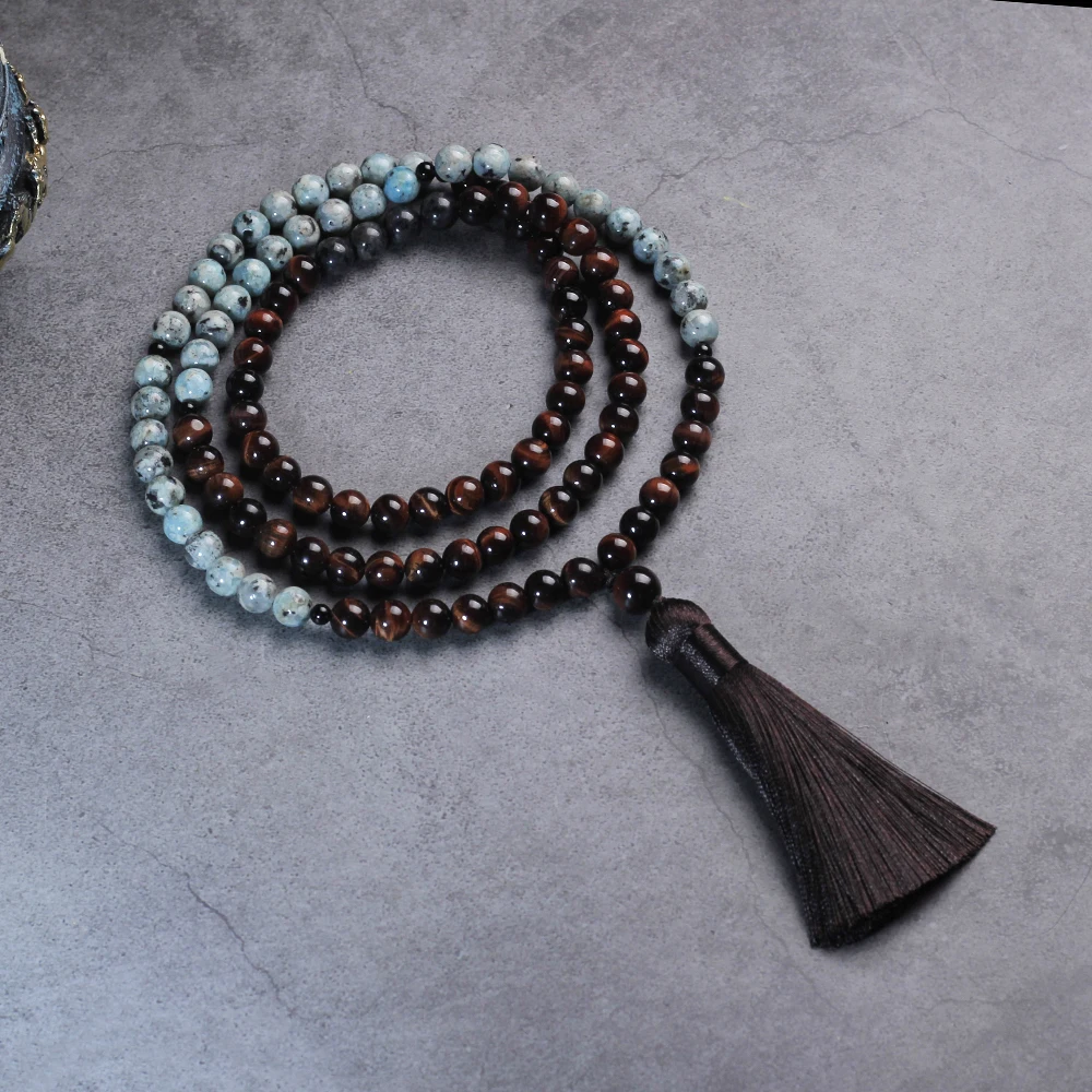 8mm bead tiger eye natural stone necklace, japamala 108 necklace, cotton, with tassel, yoga jewelry, handmade