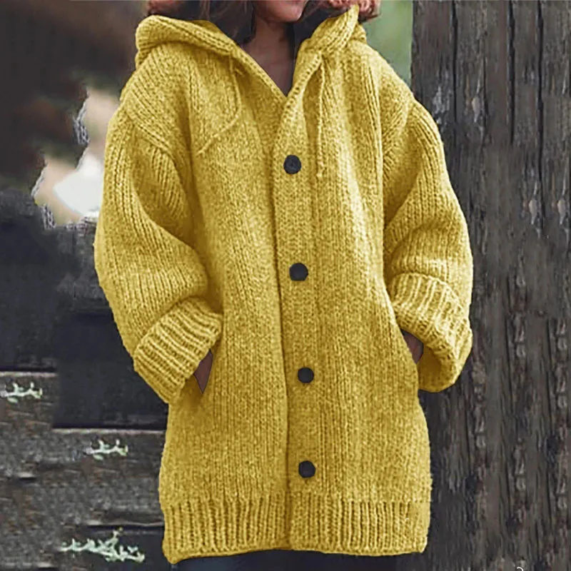 

Women's Autumn And Winter Knitted Sweater Jacket Fashion Hooded Collar Solid Color Long-sleeve Casual Woman Mid Length Coat 2021