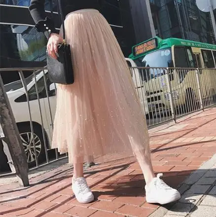 Для женщин Высокая талия плиссированные Бисер половина Длина эластичная юбка