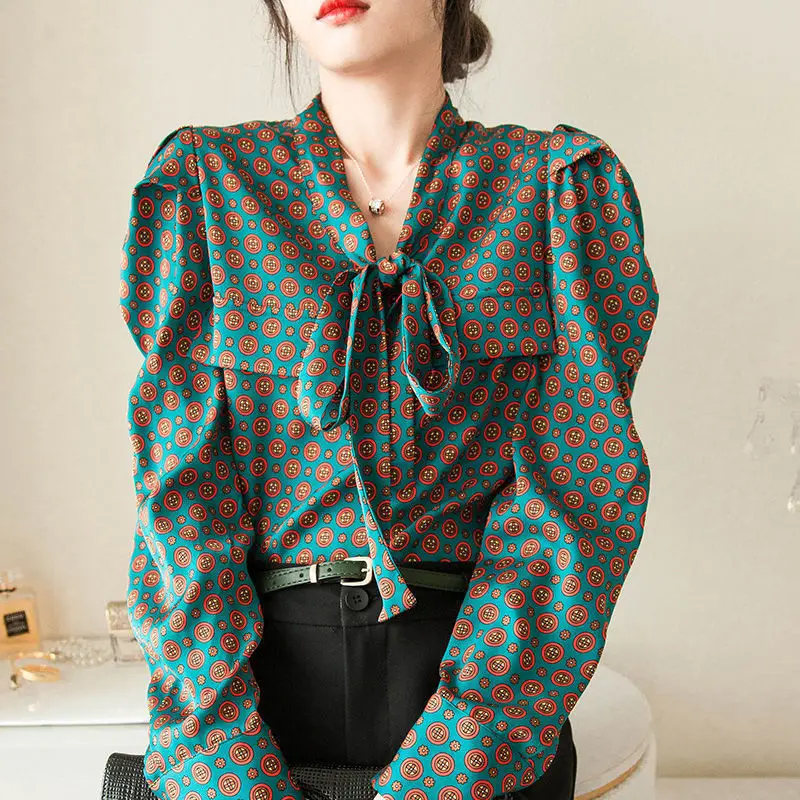 

2021 spring new women's fashion princess sleeve lace up bowknot floral simulation silk double Qiao Satin shirt