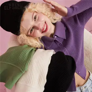 ELFSACK однотонные вязаный Повседневный пуловер, свитера для женщин, 2020 осень эльф минималистский шикарная на пуговицах, в Корейском стиле Женские базовые Топы на каждый день