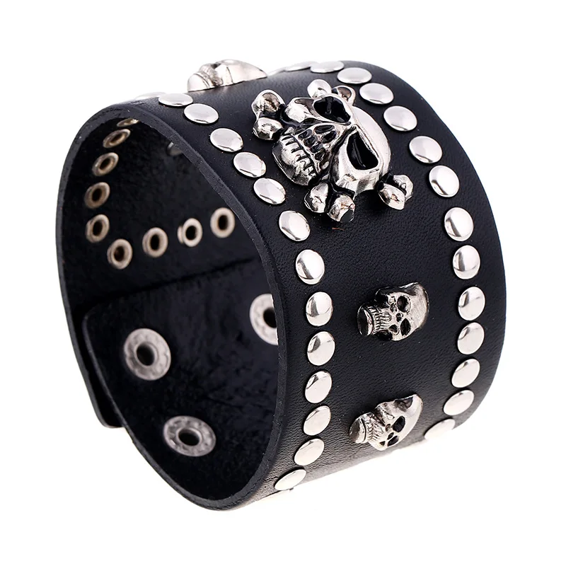 

Exclusive Rock Spikes Rivet Gothic Skeleton Skull Punk Biker Wide Leather Bracelet