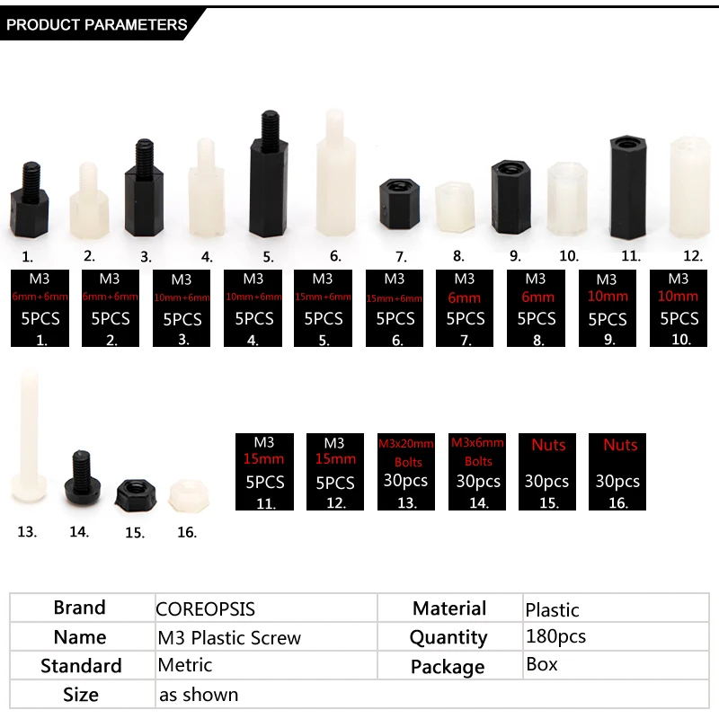 M3 мужской женский черный белый шаг пластиковый винт Шестигранная нейлоновая