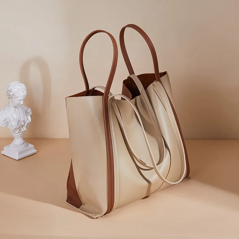 Genuine Leather Big Ladies Hand Bags 2021 New Color Matching Shoulder Bag Luxury Designer Women Totes Luxury Designer Handbags