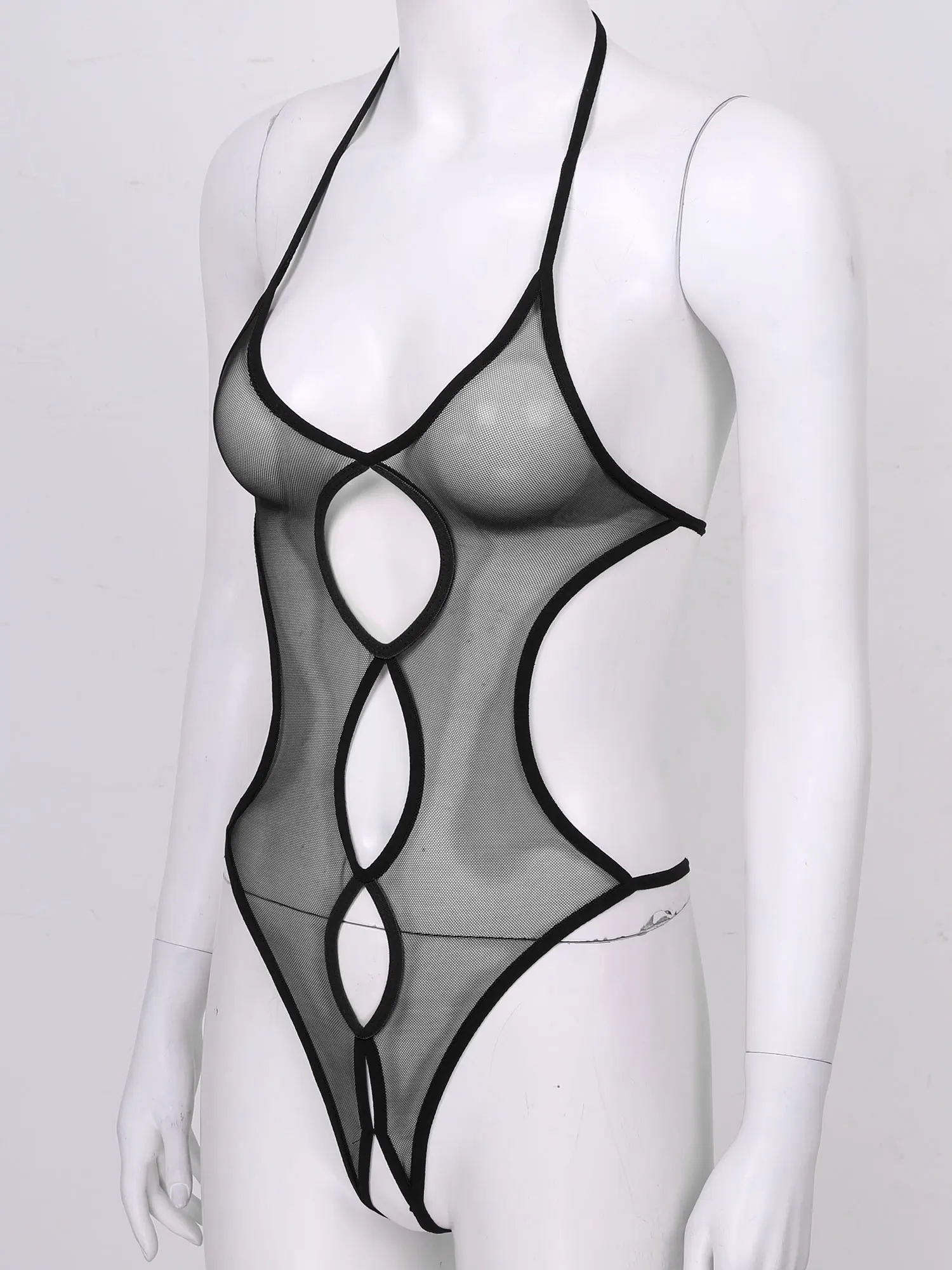 

Womens Erotic Lingerie Crotchless Bodysuit See-through Mesh Slim Fit Jumpsuit Sexy Nightwear Halter Neck Hollow Out Underwear