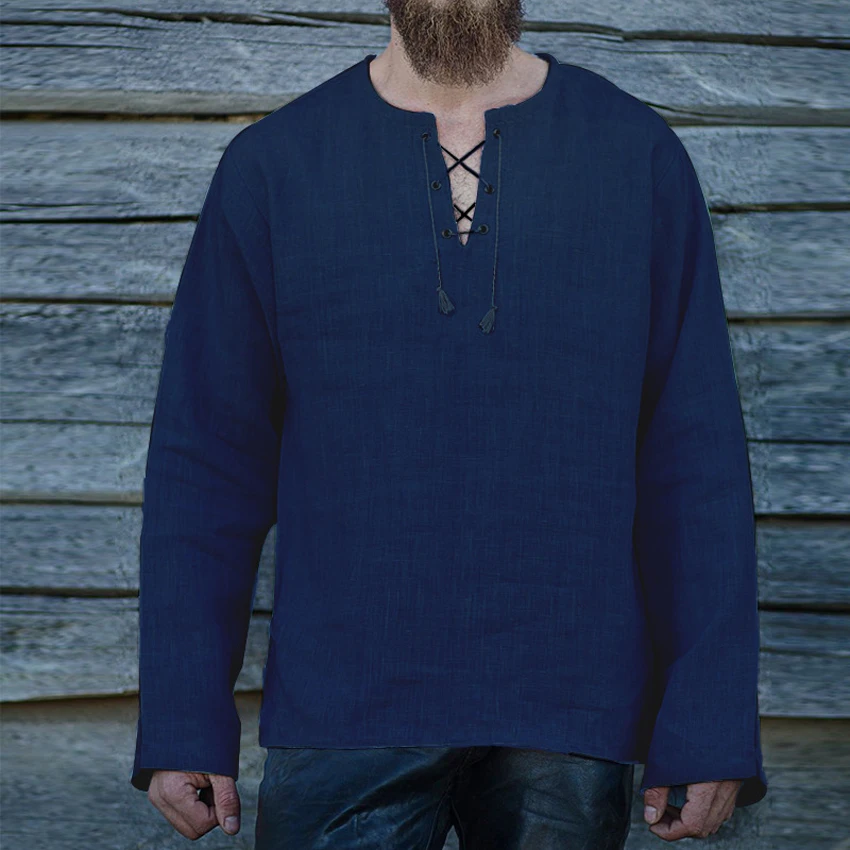 Men Viking Pirate Full Sleeve T-shirt Medieval Cosplay Costumes Bandage V-neck Linen Breathable Ranger Knight Retro Clothing