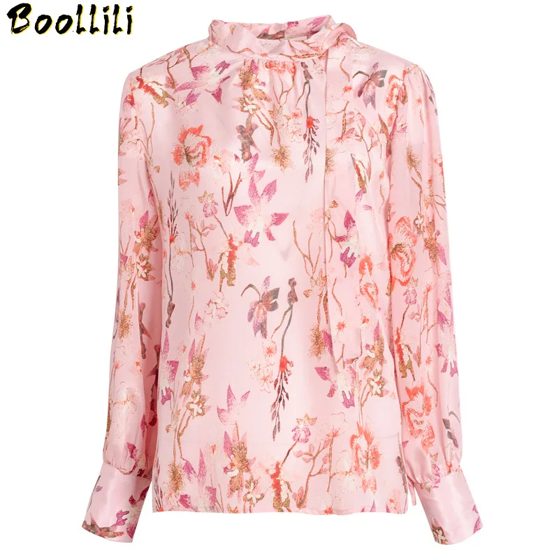 

Boollili Real Silk Shirts Women 100% Real Silk Women Blouse Spring Autumn Korean Kwaii Pink Floral Print Women Blouses