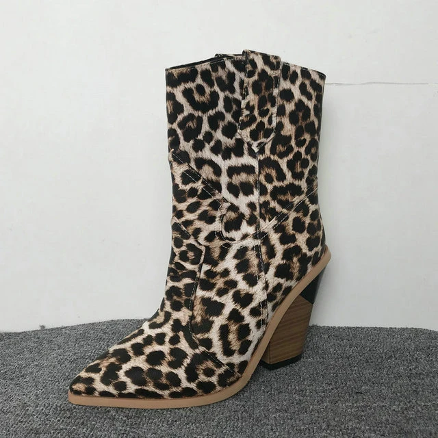 White Leopard Брендовые осенне-зимние ботильоны для женщин; ковбойские ботинки в западном стиле; цвет розовый, синий, Леопардовый, желтый; женские ботинки со змеиным принтом на высоком каблуке - Цвет: White Leopard