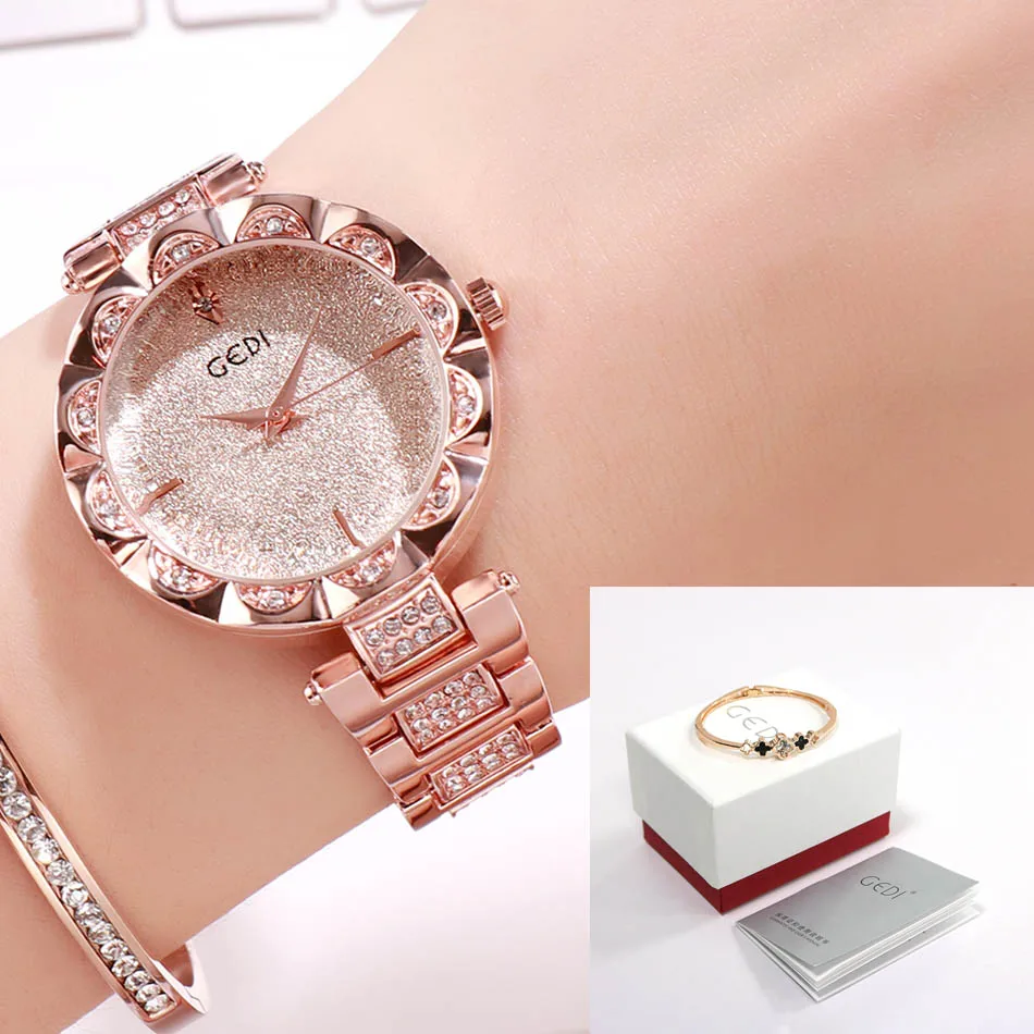 Rosegold box GEDI брендовые роскошные женские часы из розового золота, женские модные часы с кристаллами, полностью стальные женские часы, relogio feminino horloge dames - Цвет: Rosegold box