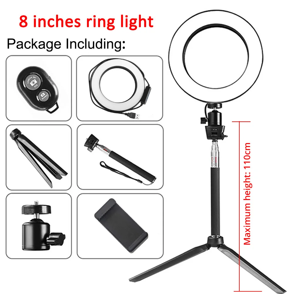 8 inches ring light Spash 6 дюймов 8 дюймов 26cm USB кольцо свет настольная стрельба круглая лампа макияж свет для видео Youtube с держатель штатива - Цвет: 8 inches ring light