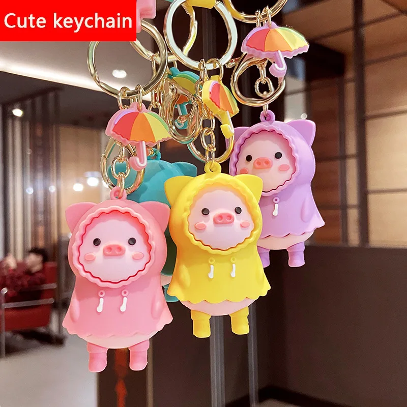 

New Fashion Raincoat Piggy Leather Bag Car Keychain Plastic Soft Rubber Doll Pendant Key Holder Ring Accessories Jewelry Gift