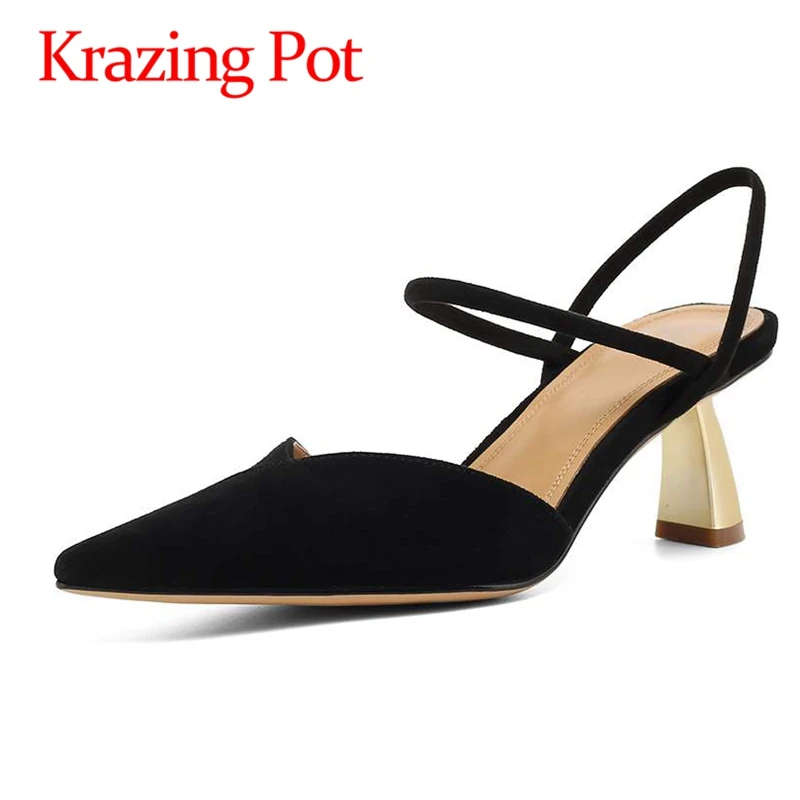 

lenkisen genuine leather pointe toe strange style solid high heels shallow beauty lady dating slip on mules women pumps L28