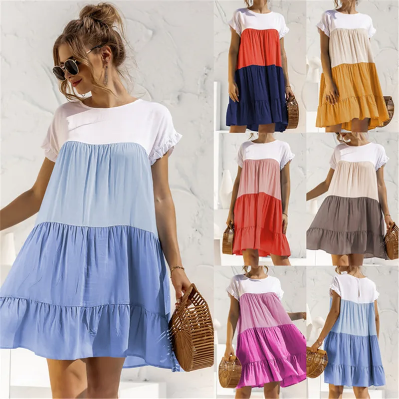 

Women Summer Spaghetti Strap Dress Loose Cake Layer Dresses O-neck Ruffle short Sleeve Knee-length Dress 2021 New Casual Fashion