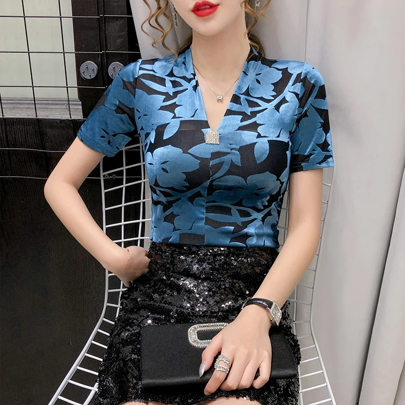 

New 2021 Summer Short Sleeve Woman's T-Shirt Fashion Casual V-Neck Diamond Female Tops and Shirt Plus Size