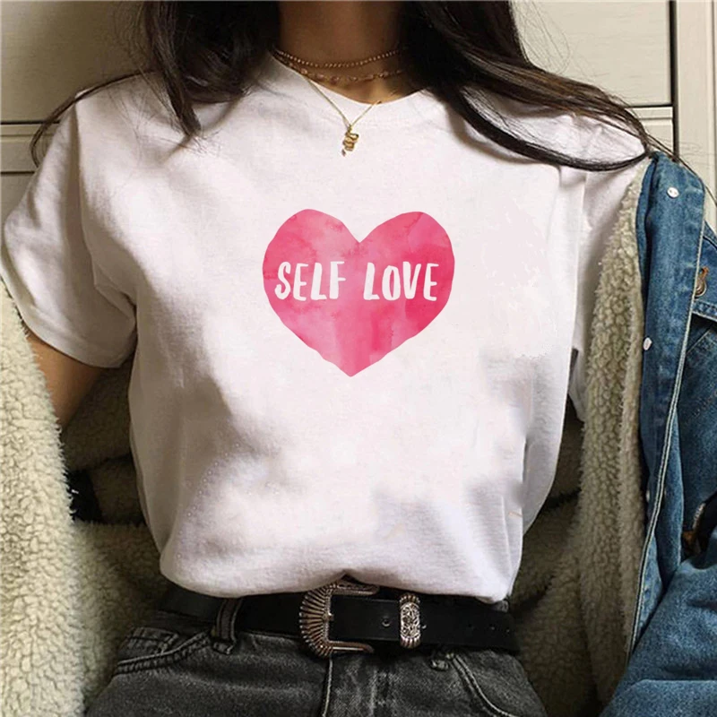 BONJEAN Pink Heart Print Women Tshirt Fashion Love Graphic Teee Shirts Summer Short Sleeve Female Tops T-shirts White Tee | Женская