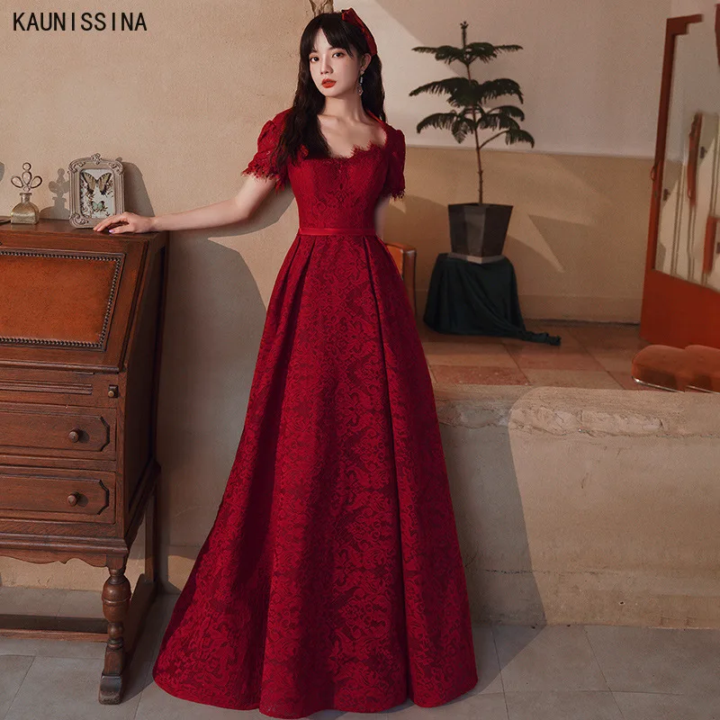 

Luxury Evening Gowns for Women French Style Lace Square Collar Long Evening Dresses Wine Red Wedding Party Toast Dress Vestidos
