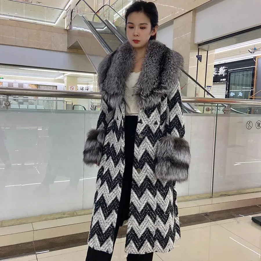 

Women Long Cashmere Jacket Winter Warm Fashion Wool Blends Overcoat Silver Fox Fur Trim And Cuffs Adjustable Waist