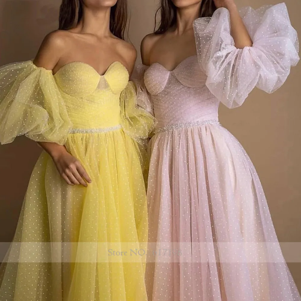 New Arrival Sweetheart Detachable Short Sleeve Beads Belt Pink Tulle A-Line Evening Dresses Yellow Prom Gowns Robe De Soiree